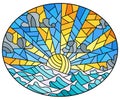 Stained glass illustration with seascape, sun on blue sky and sea background