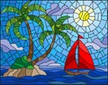 Stained glass illustration with the seascape, tropical island with palm trees and a sailboat on a background of ocean , sun and cl
