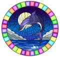 Stained glass illustration with a shark on the background of water ,cloud, night sky and moon