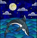 Stained glass illustration with shark into the waves, starry sky,moon and clouds Royalty Free Stock Photo