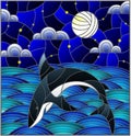 Stained glass illustration with shark into the waves, starry sky,moon and clouds Royalty Free Stock Photo
