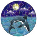 Stained glass illustration with shark into the waves, starry sky,moon  and clouds, round image Royalty Free Stock Photo
