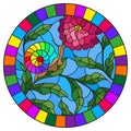 Stained glass illustration with snail and flower mushroom , on the background branches with leaves , grass and sky,oval image in