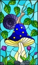 Stained glass illustration snail on the mushroom , on the background branches with leaves , grass and sky