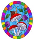 Stained glass illustration with snail on the mushroom , on the background branches with leaves , grass and sky,oval image in brigh