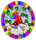 Stained glass illustration with snail on the mushroom , on the background branches with leaves , grass and sky,oval image in brigh