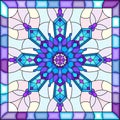 Stained glass illustration with snowflake in blue colors in a bright frame