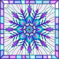 Stained glass illustration with snowflake in blue colors in a bright frame