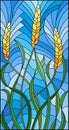 Stained glass illustration with spikes of cereal plants on a blue background