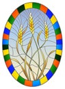 Stained glass illustration with spikes of cereal plants on a sky background, oval image in bright frame