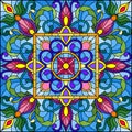 Stained glass illustration , square mirror image with floral ornaments and swirls