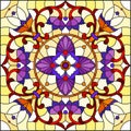 Stained glass illustration with square mirror image with floral ornaments and swirls,red and purple patterns on yellow background