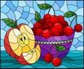 Stained glass illustration with still life , apple and a cherry berryes in a bowl on a table on a blue background