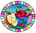 Stained glass illustration with still life , apple and a cherry berryes in a bowl on a table on a sky background , oval image in