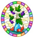 Stained glass illustration with still life, Bouquet of branches of black chokeberry in blue ceramic vase and pears on a yellow b