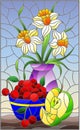 Stained glass illustration with still life , a bouquet of daffodils in a vase and fruit in a bowl on a table on a blue background Royalty Free Stock Photo