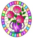 Stained glass illustration with  still life, bouquet of pink  flowers in a purple vase, oval image in bright frame Royalty Free Stock Photo