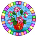 Stained glass illustration with  still life, bouquet of pink flowers in a glass red  jar on a blue background, oval image in brigh Royalty Free Stock Photo