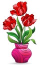 Stained glass illustration with still life, a bouquet of tulips in a vase, isolated on a white background