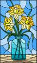Stained glass illustration with still life, bouquet of yellow daffodil in a glass jar on a blue background Royalty Free Stock Photo