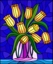 Stained glass illustration with still life, bouquet of yellow Tulips in a glass jar on a blue background Royalty Free Stock Photo
