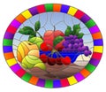 Stained glass illustration with  still life, fruits and berries in blue bowl, oval image in bright frame Royalty Free Stock Photo