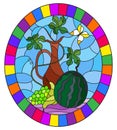 Stained glass illustration with  still life, fruits, berries and pitcher on blue background,oval image in bright frame Royalty Free Stock Photo