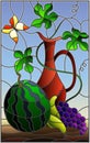 Stained glass illustration with still life, fruits, berries and pitcher on blue background Royalty Free Stock Photo