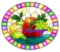 Stained glass illustration with still life, fruits and berries in purple bowl, oval image in bright frame Royalty Free Stock Photo