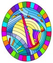 Stained glass illustration on the subject of music , the shape of an abstract saxophone on geometric background, oval image in br