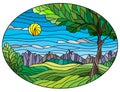 Stained glass illustration with a summer landscape, a green tree against the background of fields, mountains, and a sunny sky Royalty Free Stock Photo