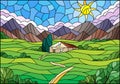 Stained glass illustration with a summer landscape, a lonely house against the background of fields, mountains and a Sunny sky