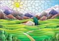 Stained glass illustration with  a summer landscape, a lonely house against the background of fields, mountains and a Sunny sky Royalty Free Stock Photo