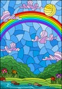 Stained glass illustration with  a summer landscape , a rainbow against a Sunny sky, flowers and a stream Royalty Free Stock Photo