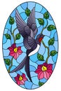 Stained glass illustration with a swallow bird on the background of tree branches with flowers and the sky, oval image Royalty Free Stock Photo