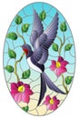 Stained glass illustration with a swallow bird on the background of tree branches with flowers and the sky, oval image Royalty Free Stock Photo