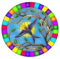 Stained glass illustration with a swallow bird on the background of tree branches and the sky with the sun, oval image in a bright Royalty Free Stock Photo