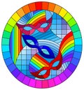 Stained glass illustration on the theme of carnival with abstract mask, oval image in a rainbow frame