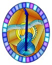 Stained glass illustration with on the theme of music, abstract blue guitar and notes on an orange background, oval image in brigh Royalty Free Stock Photo