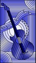 Stained glass illustration on the theme of music, abstract guitar and notes ,monochrome,tone blue