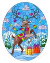 Stained glass illustration on the theme of winter holidays, cute cartoon deer on the background of a winter landscape, oval image