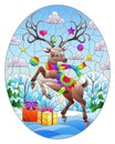 Stained glass illustration on the theme of winter holidays, cute cartoon deer on the background of a winter landscape, oval image