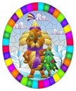 Stained glass illustration with on the theme of winter holidays, cute cartoon dog on the background of a winter landscape, oval im