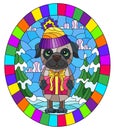 Stained glass illustration on the theme of winter holidays, cute cartoon pug dog on the background of a winter landscape, oval ima