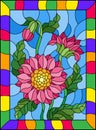 Stained glass illustration with three bright pink flowers , buds and leaves on a blue background in a frame