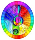 Stained glass illustration with a treble clef on an abstract rainbow background, oval image in a bright frame Royalty Free Stock Photo