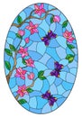 Stained glass illustration with  tree branches with pink flowers and purple butterflies on a blue sky background. oval image Royalty Free Stock Photo