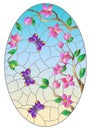 Stained glass illustration with  tree branches with pink flowers and purple butterflies on a blue sky background. oval image Royalty Free Stock Photo