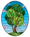 Stained glass illustration with tree on sky background,oval image