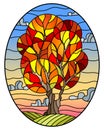 Stained glass illustration with tree on sky background,oval image